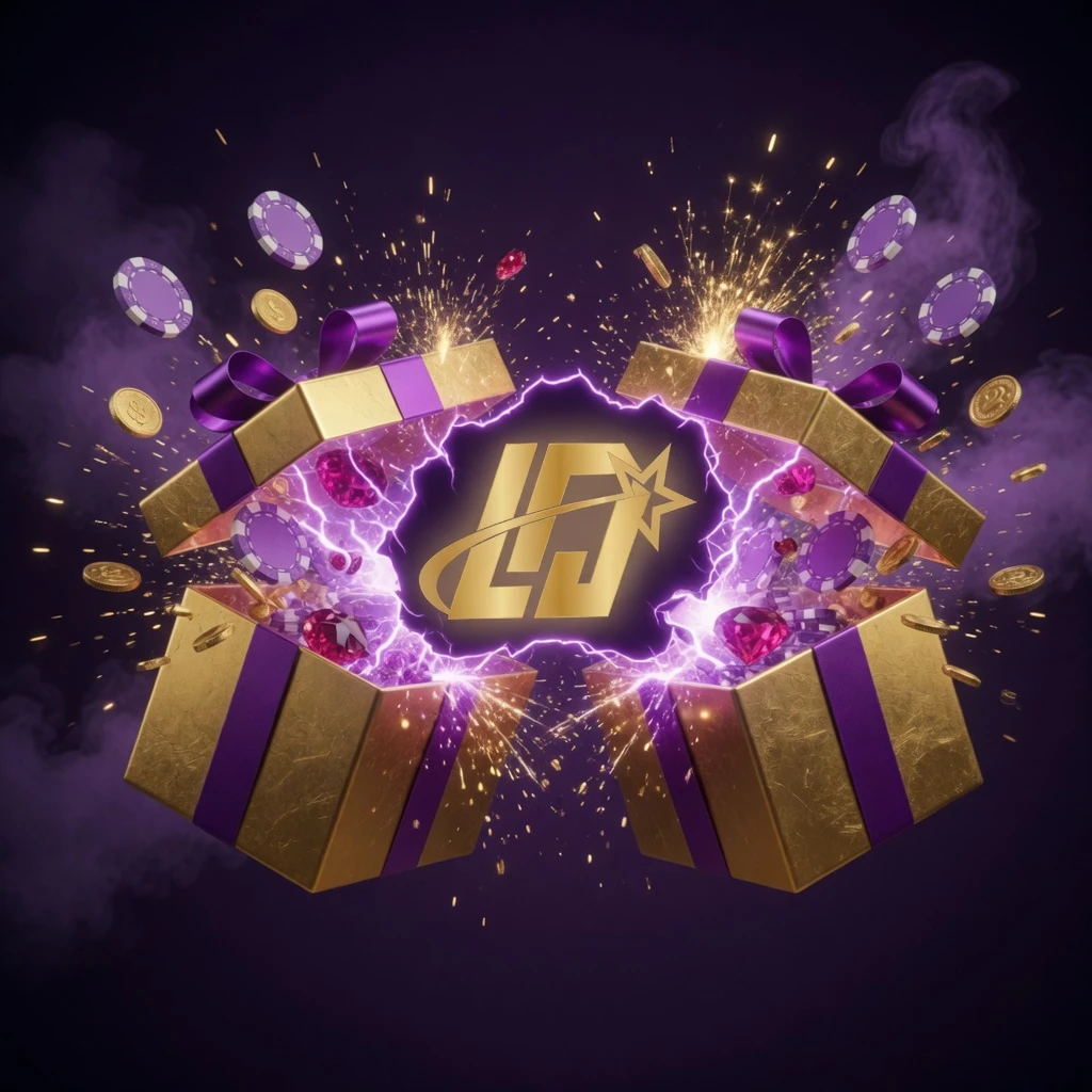 Dynamic casino scene with golden light streaks, slot reel fragments, and playing card symbols floating against a deep dark background