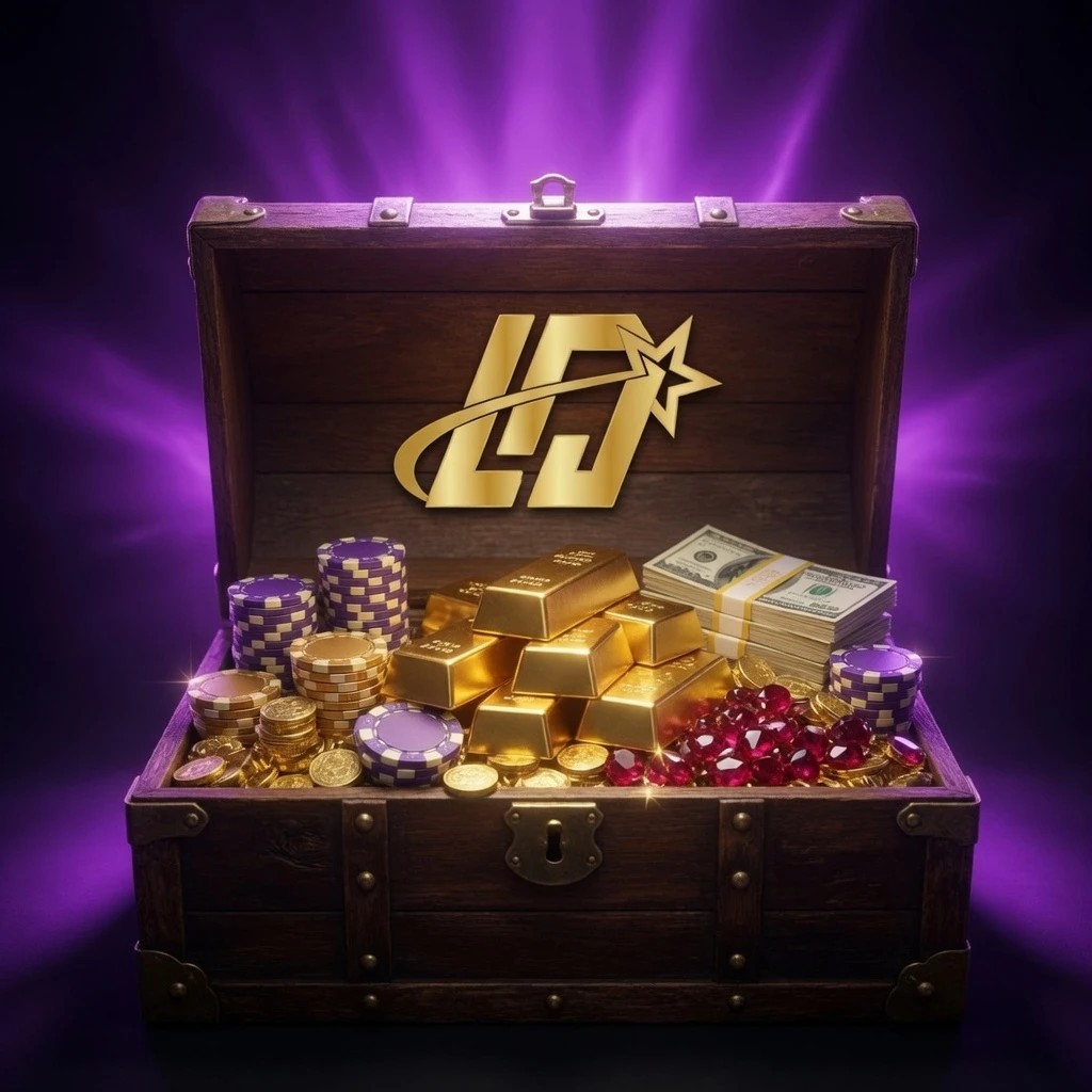 Golden treasure chest overflowing with coins and bonus reward icons against a dark background with sparkle effects